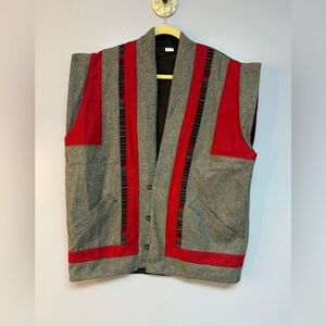 Vintage made in Nepal gray and red 100% Wool, fully lined vest handmade size L